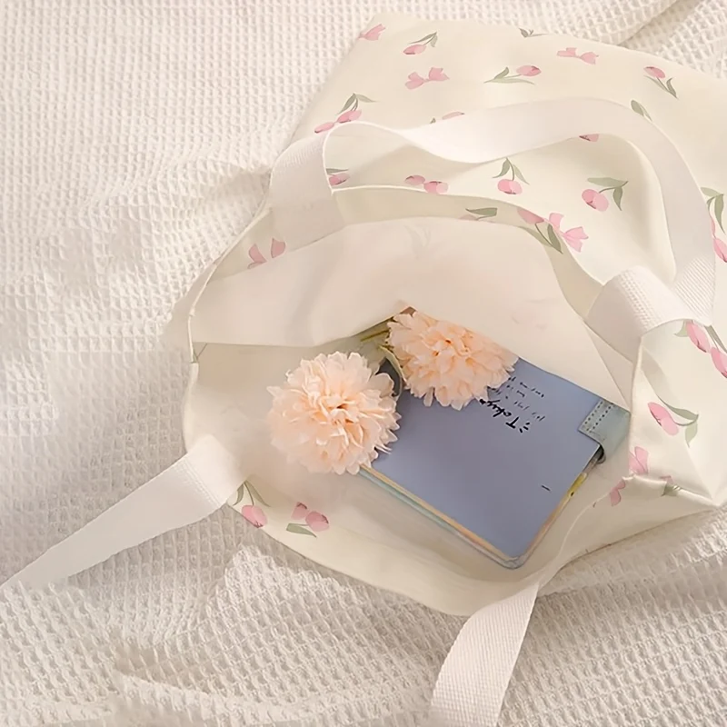 Tulip printed casual handbag, reusable fashionable backpack, multifunctional handbag, canvas shopping bag