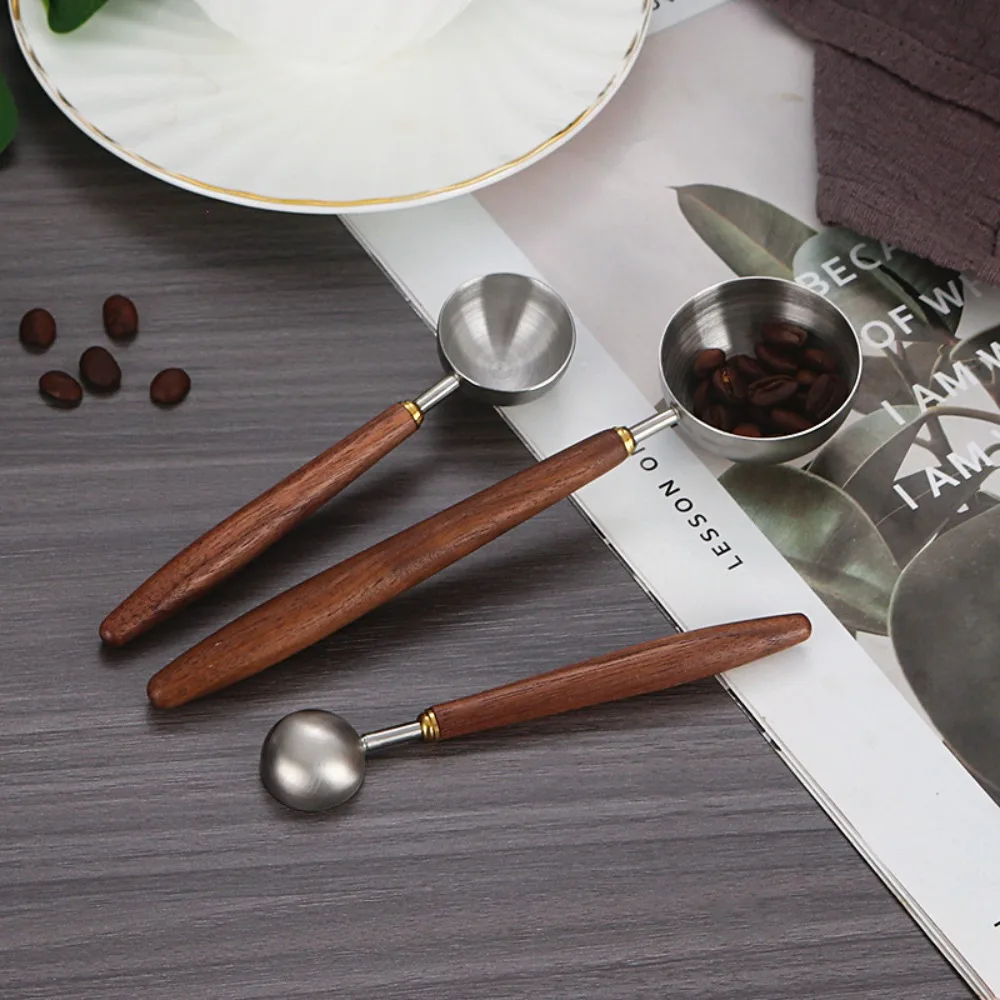 Kitchen Measuring Spoons Measuring Spoon Set 304 Stainless Steel Coffee Bean Measuring Spoons Walnut Handle Long 3/8/23ML Scoop