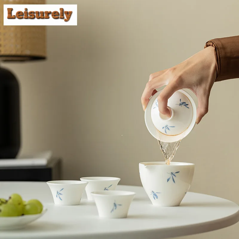 Hand Drawn Butterfly Orchid Tea Set Kit Zen 1 Bowl 3 Cups Tea Maker Tea Set Portable Trave Leather Handbag Chinese Tea Set Gift