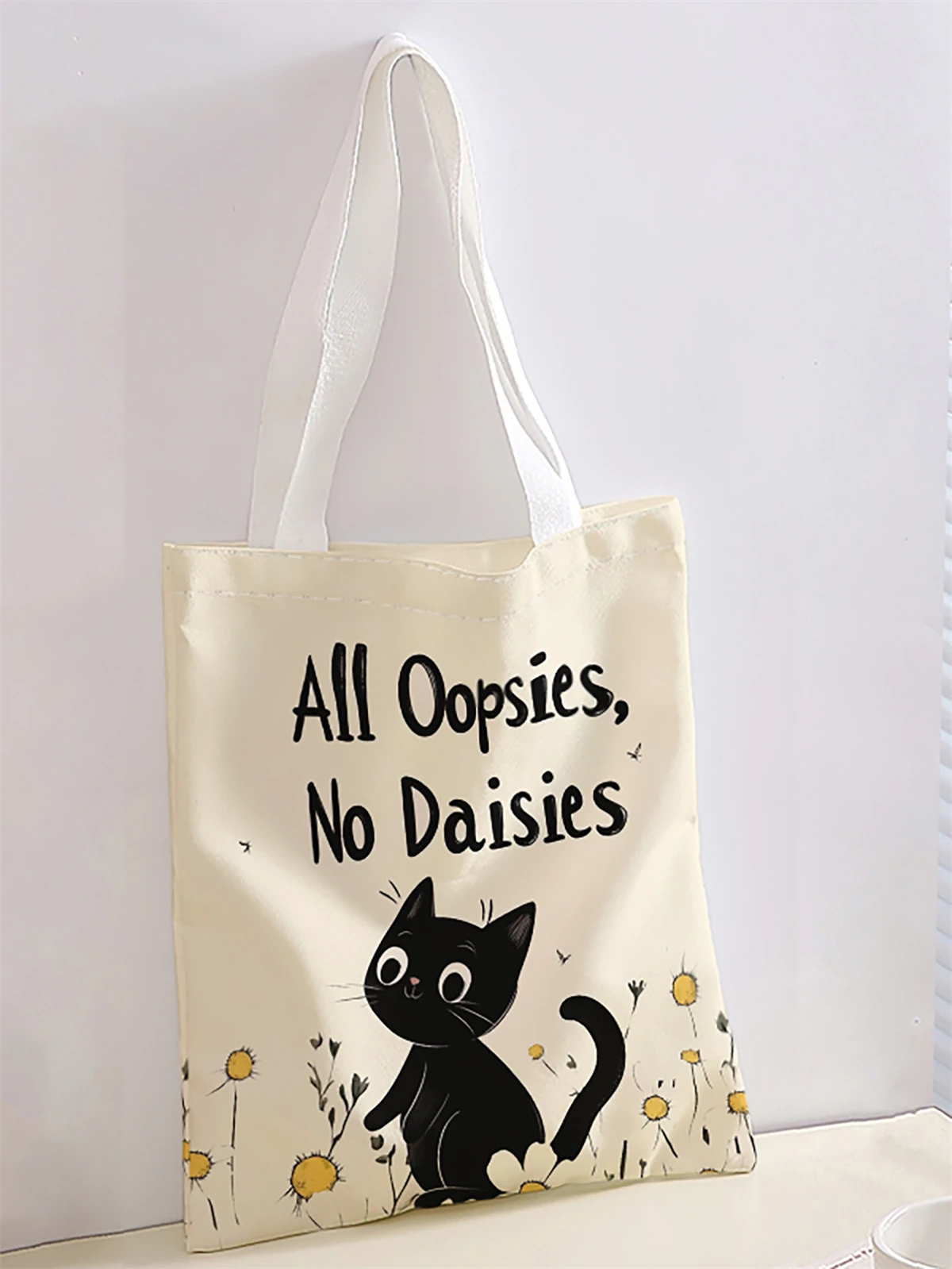 Cartoon cat print casual handbag, reusable fashion backpack, versatile tote bag, canvas shopping bag