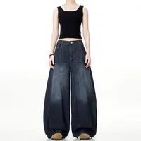 90s Retro Trend Washing Old Dark Blue Jeans Men Women Korean Version Loose Casual American Street Lovers Straight Wide-Leg Pants 2