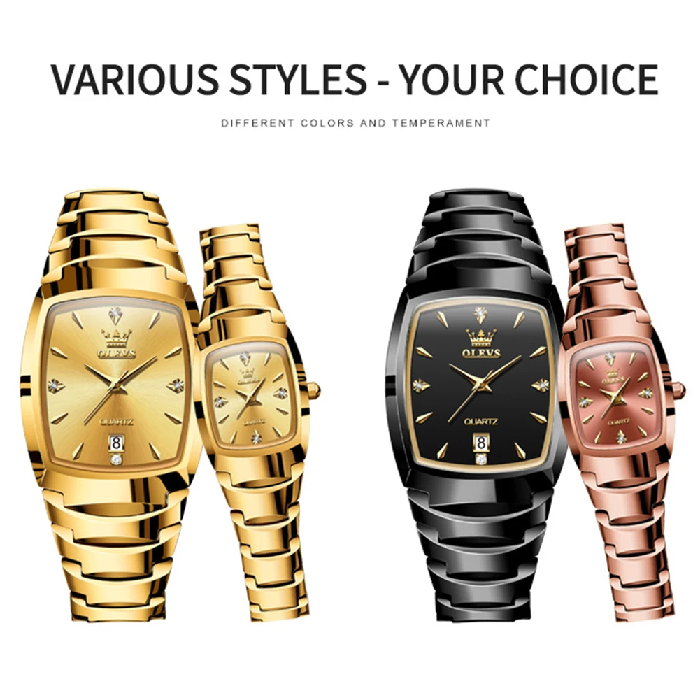 OLEVS Couple Watches Luxury Gold Original Wristwatch Waterproof Tungsten Steel Date His and Her Watch Set Anniversary Gift