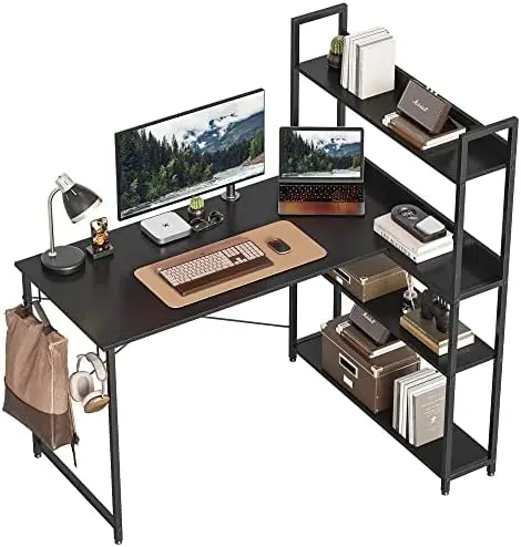 

Corner Desk with Storage Shelves, 47 Inch Small L Shaped Computer Desk, Home Office Writing Desk with 2 Hooks, Black Black float