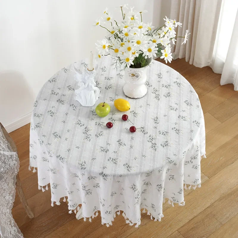 thumbnail image 1 of Mantel redondo de algodón con borlas, cubierta de mesa Circular Floret a prueba de polvo para cocina, comedor, decoración de mesa, 1 of 5