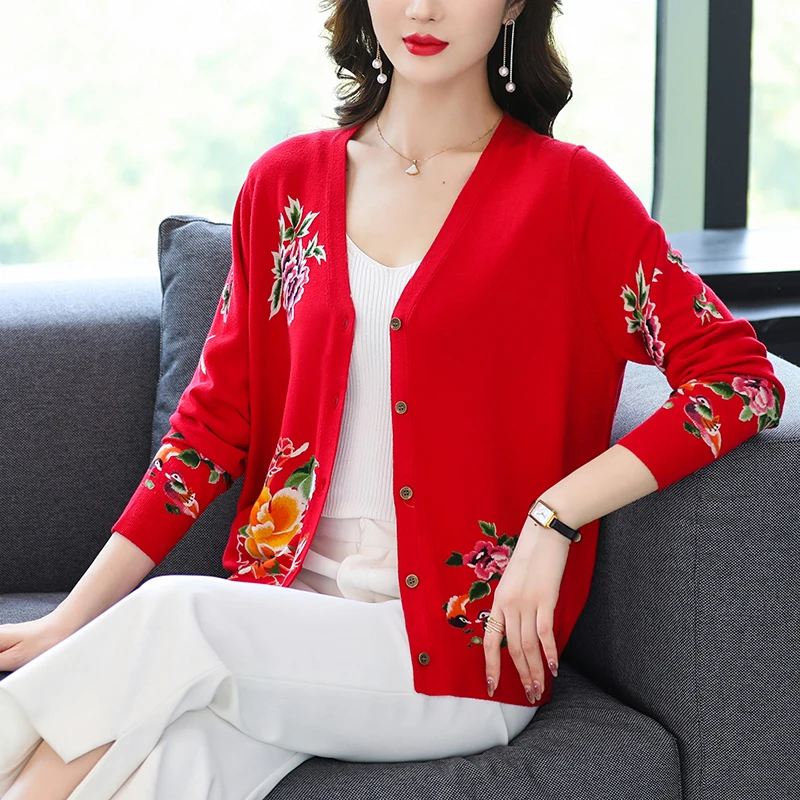 

Женский весенний кардиган с цветочным принтом, женский свитер с длинным рукавом и принтом, Женская однобортная трикотажная верхняя одежда с V-образным вырезом, 2023