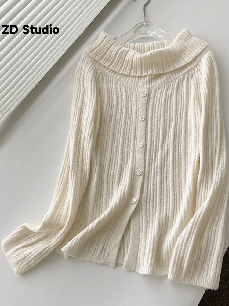 

[ZD Studio] Autumn/Winter New Pure Desire Sexy Wool Knitwear Cute Varying High Neck Off Shoulder Sweater Women's
