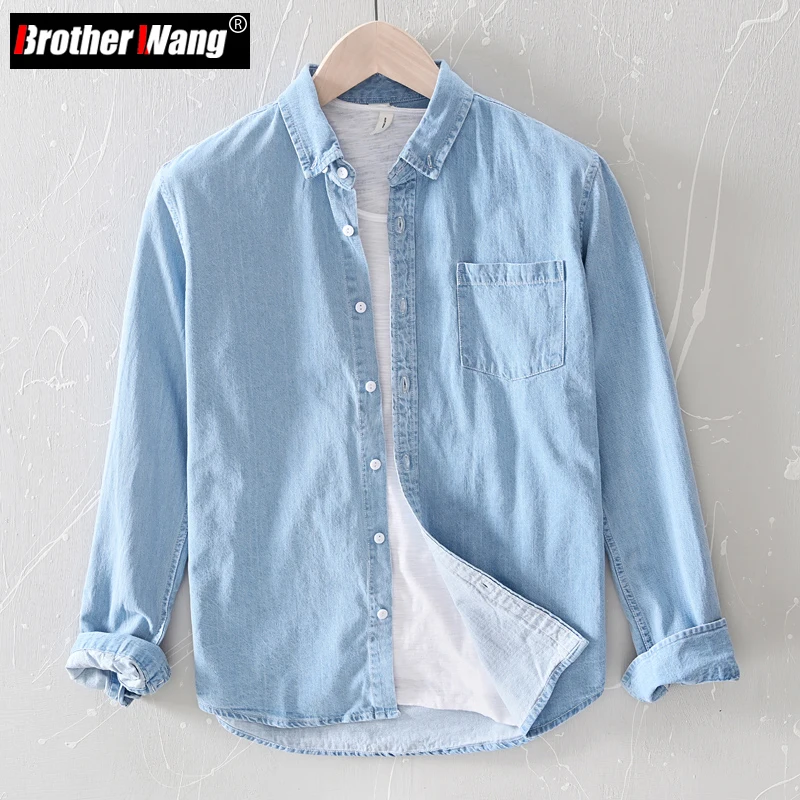 Cotton Men's Denim Shirt Autumn Thin Fashion Light Blue Long Sleeve Comfortable Soft Daily Work Casual Shirt Brother Wang