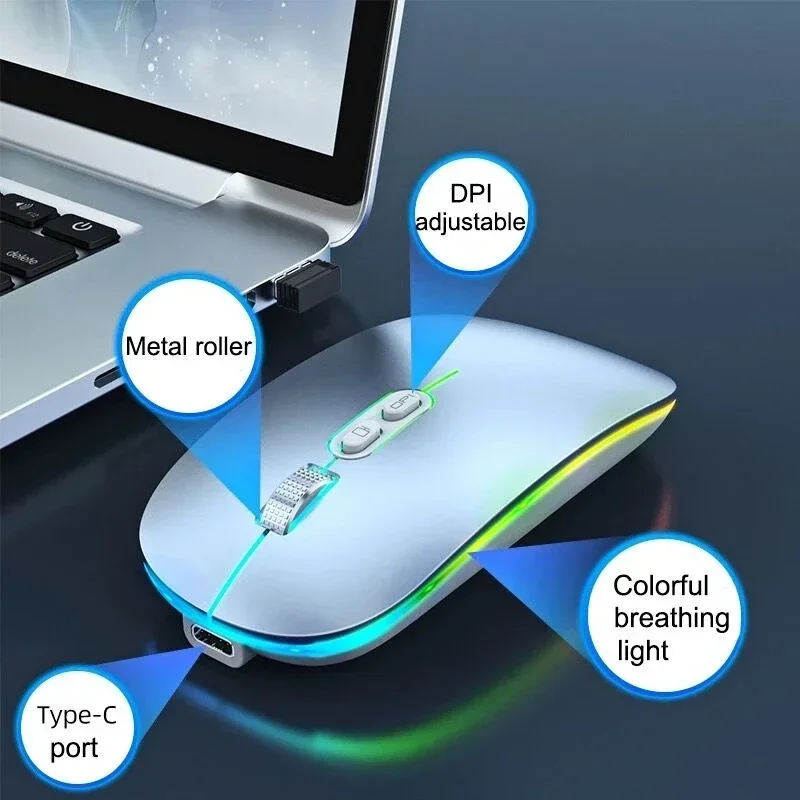 Wireless Mouse Dual Mode 2.4G Bluetooth One-Click Desktop Function Type-C Rechargeable Silent Backlight for Laptop PC