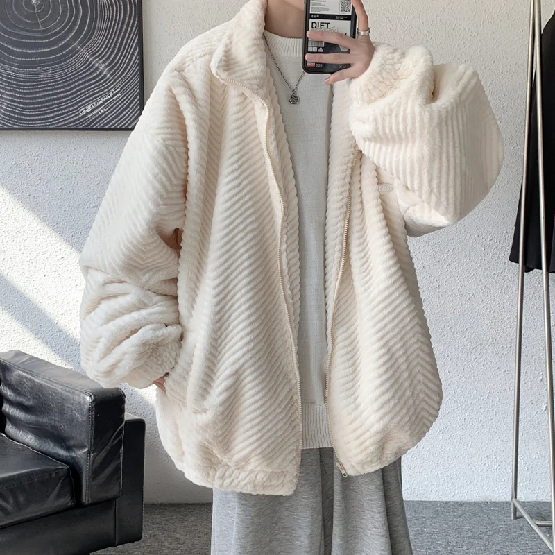 

Winter Thick Warm Oversized Solid Color Jacket Men with Stand Collar Zip Fluffy Loose Casual Faux Lamb Fur Coats 2023 M61