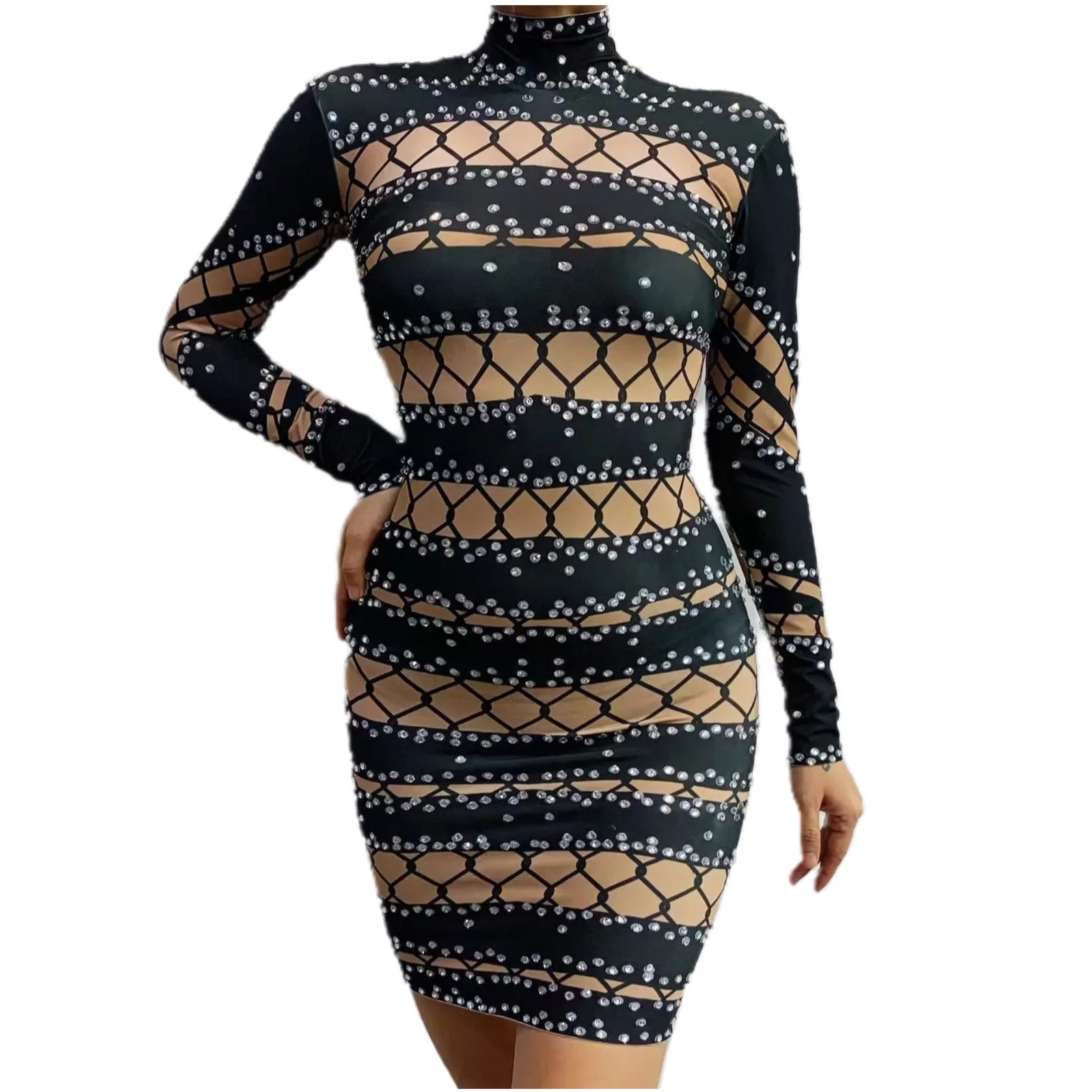 

Long Sleeves Shining Rhinestones Black Nude Sexy Sheath Dress For Women Party Birthday Clothing Singer Prom Stage Costumes