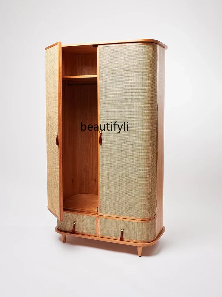 

Nordic Retro Rattan Wardrobe Home Bedroom Solid Wood Storage Cabinet B & B Two-Door Wardrobe