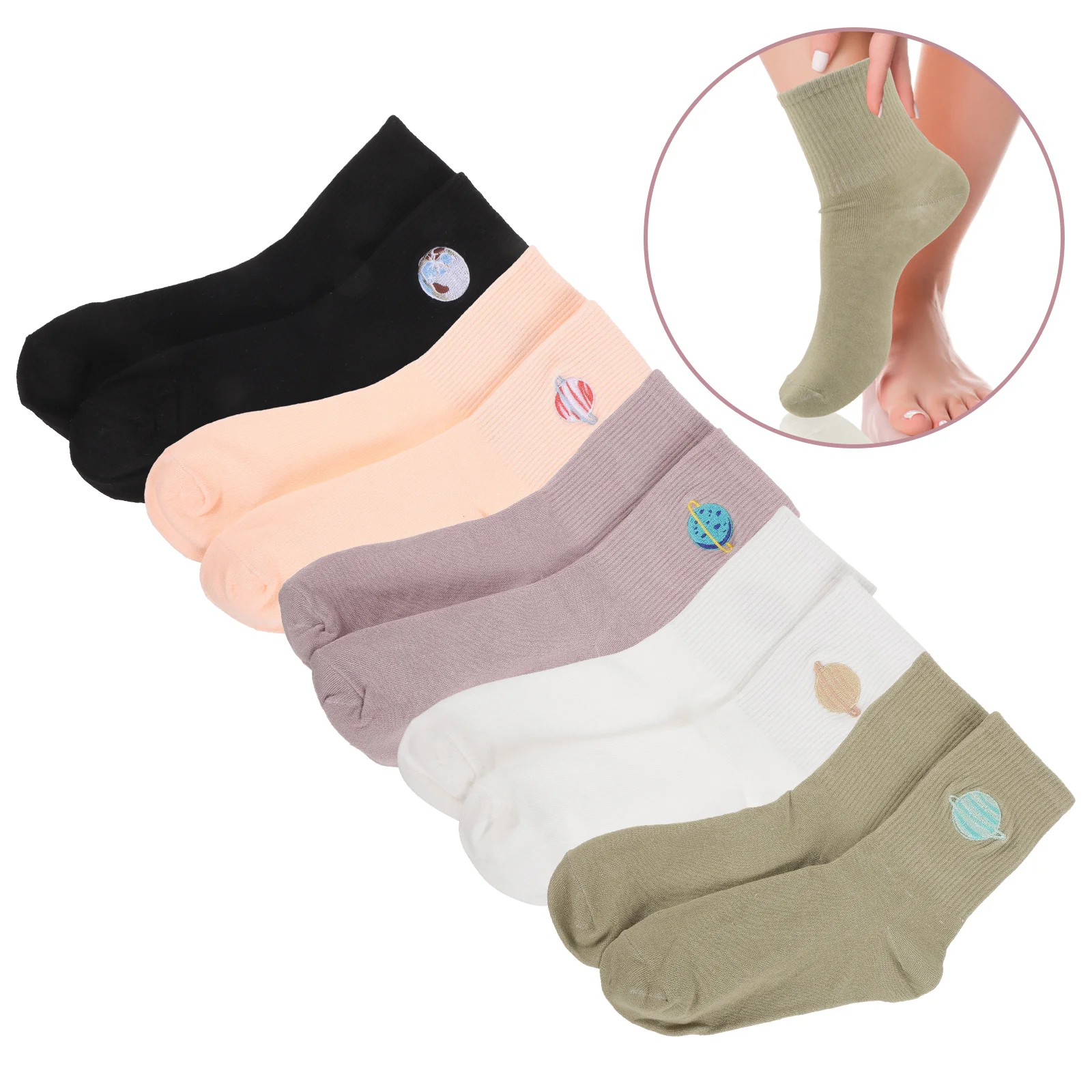 

5 Pairs Ladies Socks Embroidery Girls Cotton for Tube Ordinary Stockings Pattern