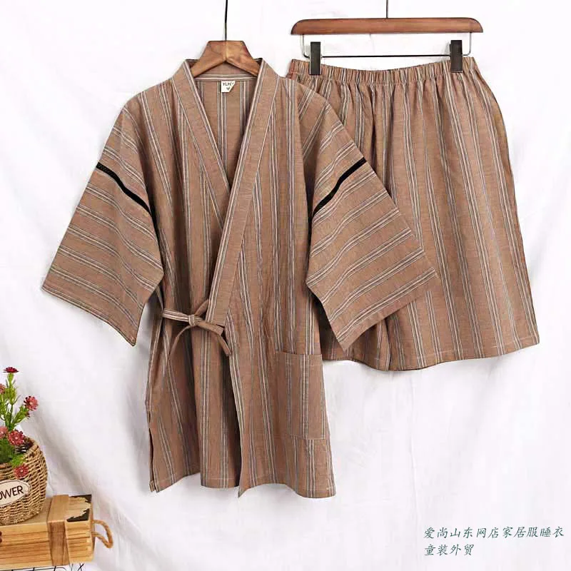 Men Japanese Kimono Costume Striped Vintage Yukata Stage Dancewear Summer Pajamas Sets