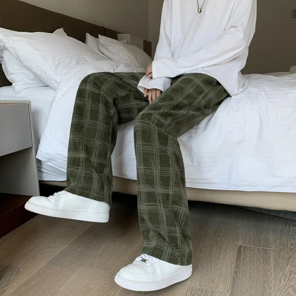 

Mid-Rise Elastic Waistband Drawstring Pockets Straight Wide Leg Men Pants Plaid Print Loose Casual Corduroy Pants Streetwear