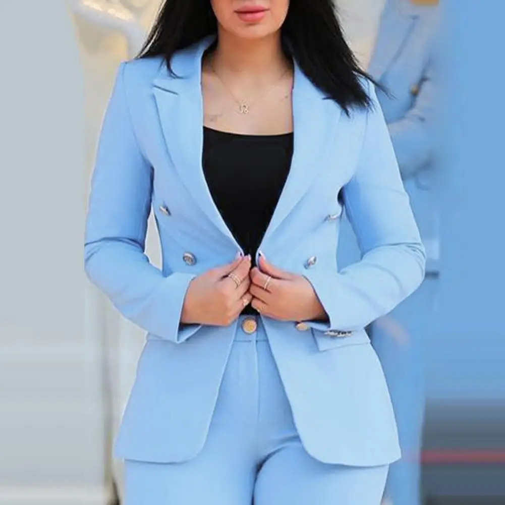 

Женский деловой костюм, двубортный женский пиджак и брюки с завышенной талией, Приталенные брюки с отложным воротником