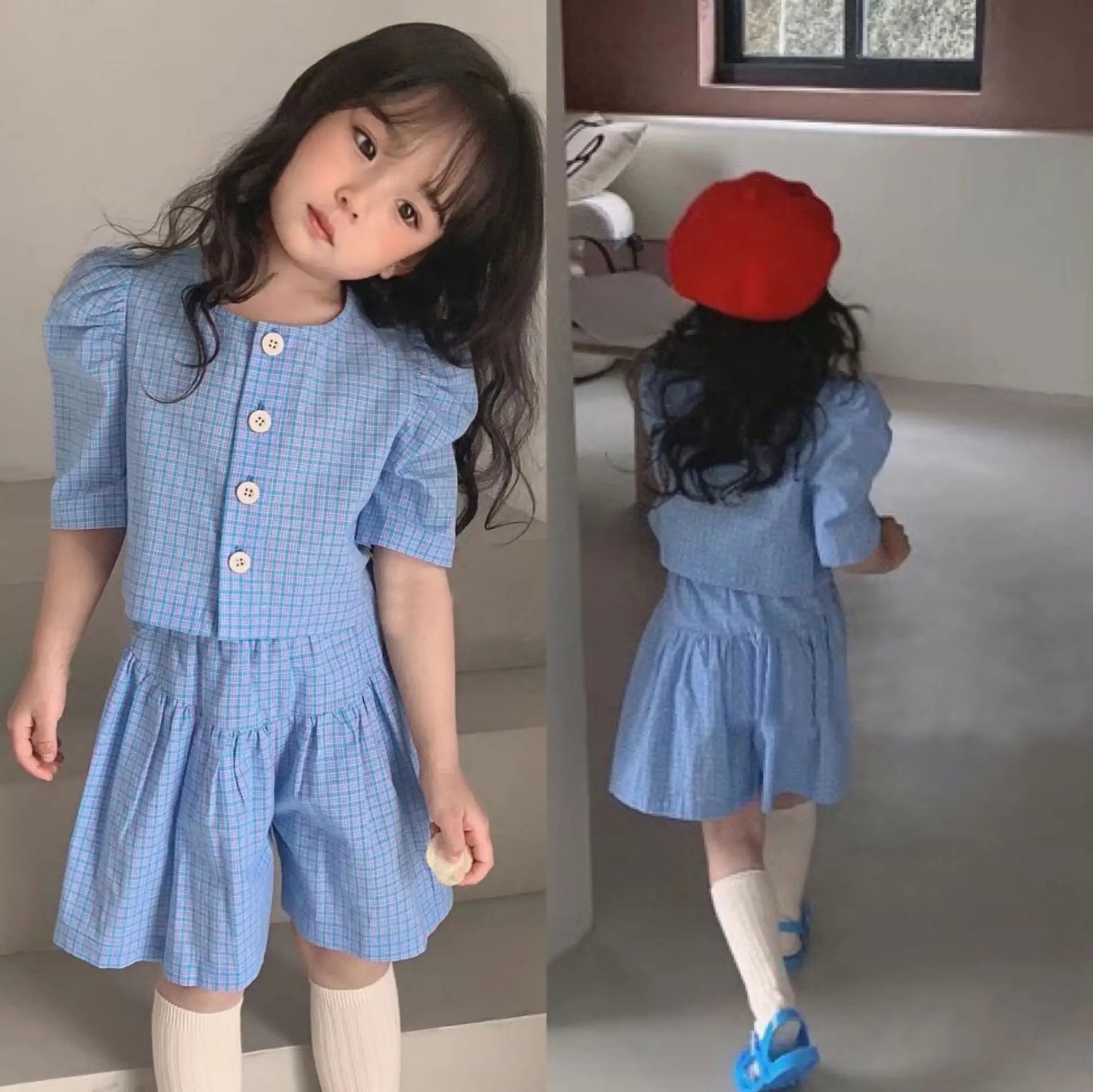 

Summer Girls' Clothing Sets Temperament Plaid Short-Sleeved Shirt Top+Five-Point Culottes 2Pcs Baby Kids Children Clothes Suit