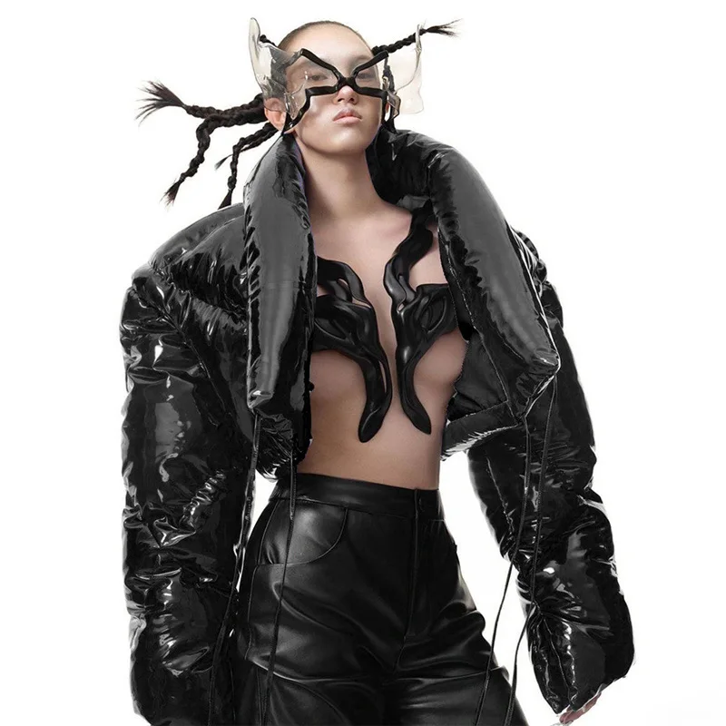 Women Shiny Silver Crop Puffer Jackets Winter Thick Bubble Coats