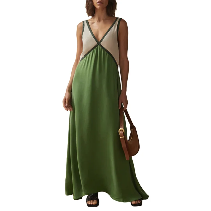 Vestido elegante de verano para mujer, con cuello en V, sin mangas, con patchwork de colores contrastantes, largo y sexy para fiesta de noche.