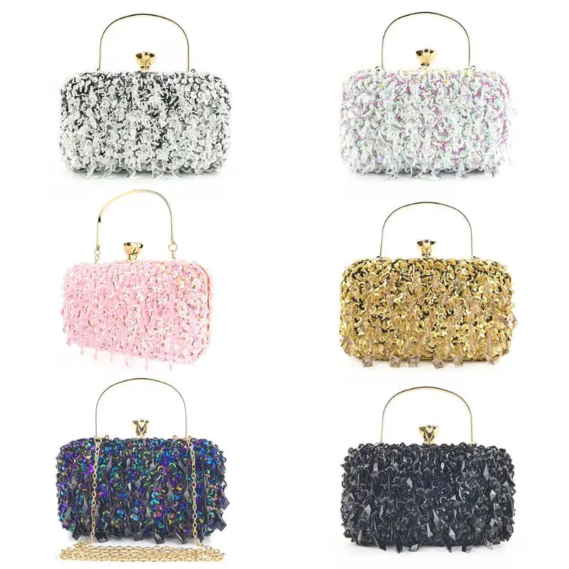 Women's Vintage Kiss Lock Beaded Sequin Flower Handbag Evening Clutch Shoulder E74B