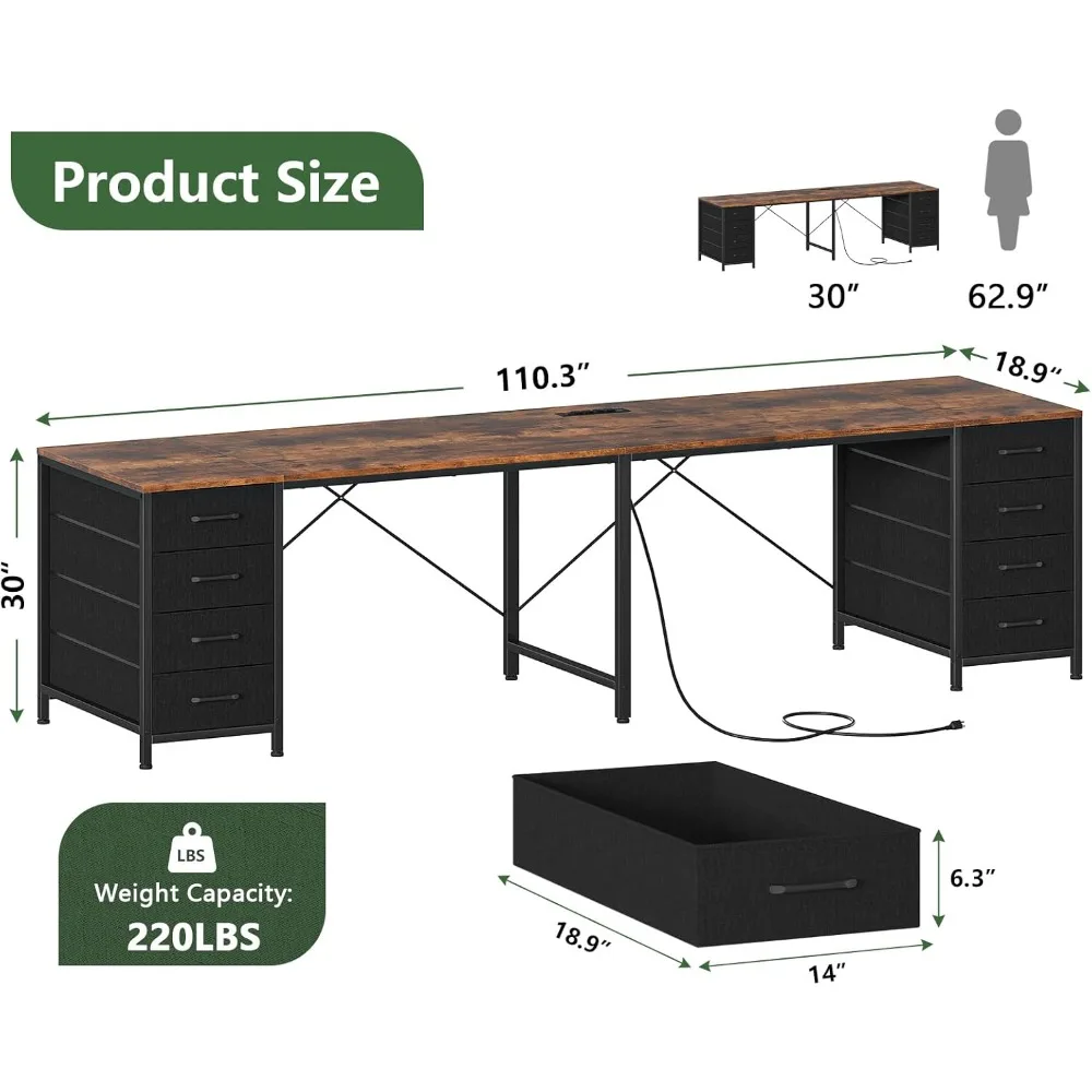 110" 2 Person Desk with 8 Drawers, Large Writing Home Office Desks with Outlets, I Shaped Workstation Double Desk Drawer 2