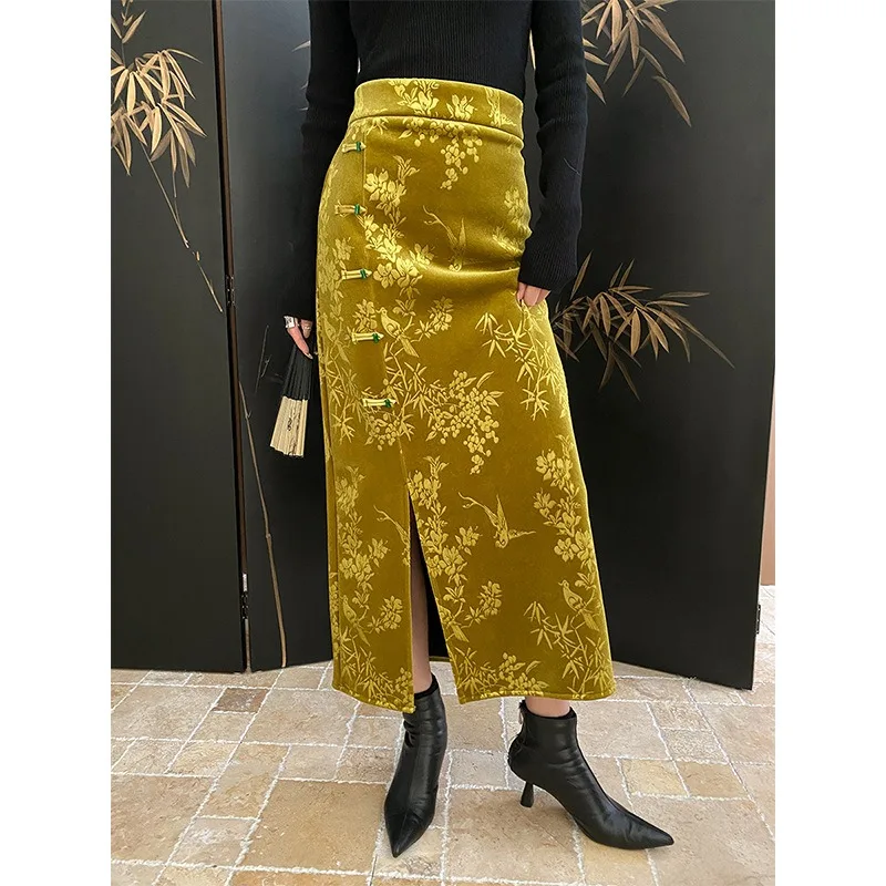 2024 Spring Women Button Jacquard Thicken Fashion Chinese Style Skirt Temperament Commuting Women's Vintage Split Velvet Skirts