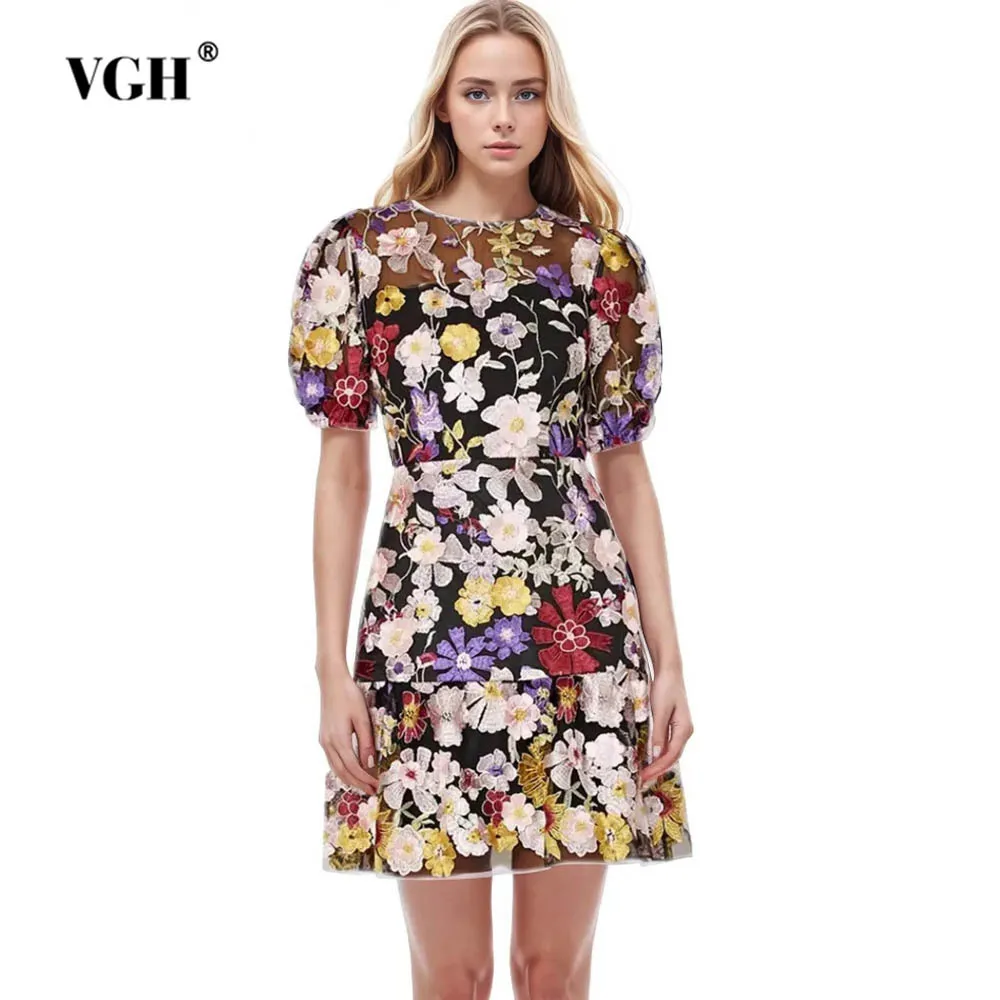 

VGH Hit Color Patchwork Appliques Mini Dresses For Women Round Neck Short Sleeve High Waist Spliced Zipper Dress Female Fashion