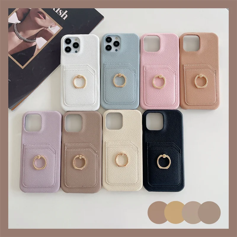 

Simple Card pocket Ring holder leather case For iphone 15 11 12 14pro13Pro Max x xr SE2020 phone stand case protective cover