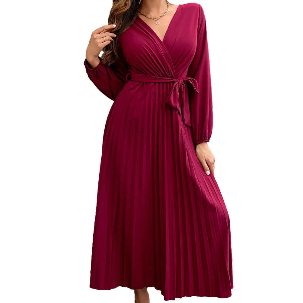 

Long Skirt Dress Casual Daily Large Pleated Dress Long Sleeve Medium Stretch Polyester Temperament High Quality
