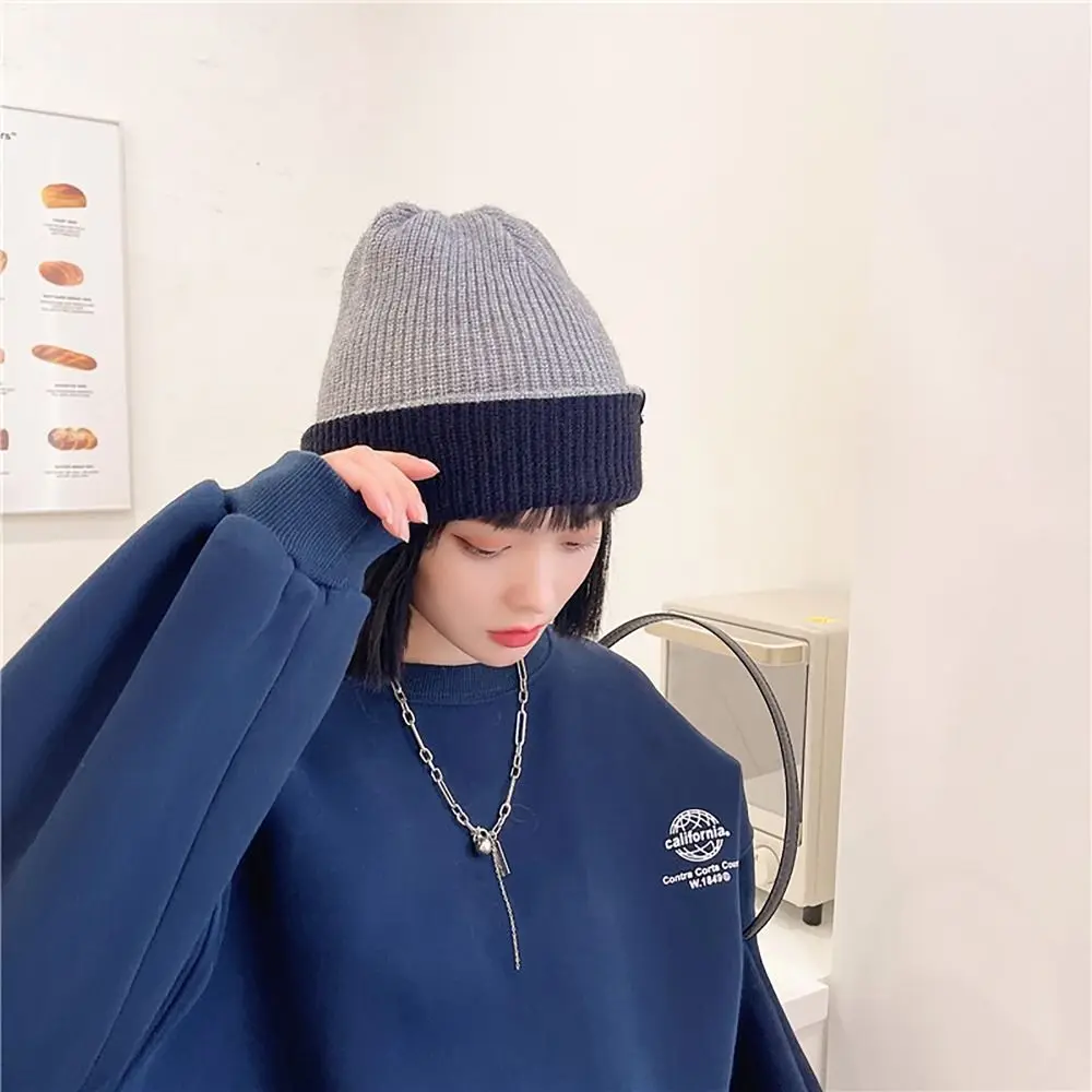 대비색 플리스 니트 모자, 양면, 따뜻한 풀오버 모자, 모직 원사, 두껍고 따뜻한 크로셰 모자, 여성 소녀, 처녀, 겨울