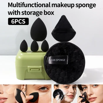 6PCS Multifunctional Black Makeup Sponge Set with Storage Box,Beauty sponge,Triangle Puff,Reusable&Washable Clean Sponge