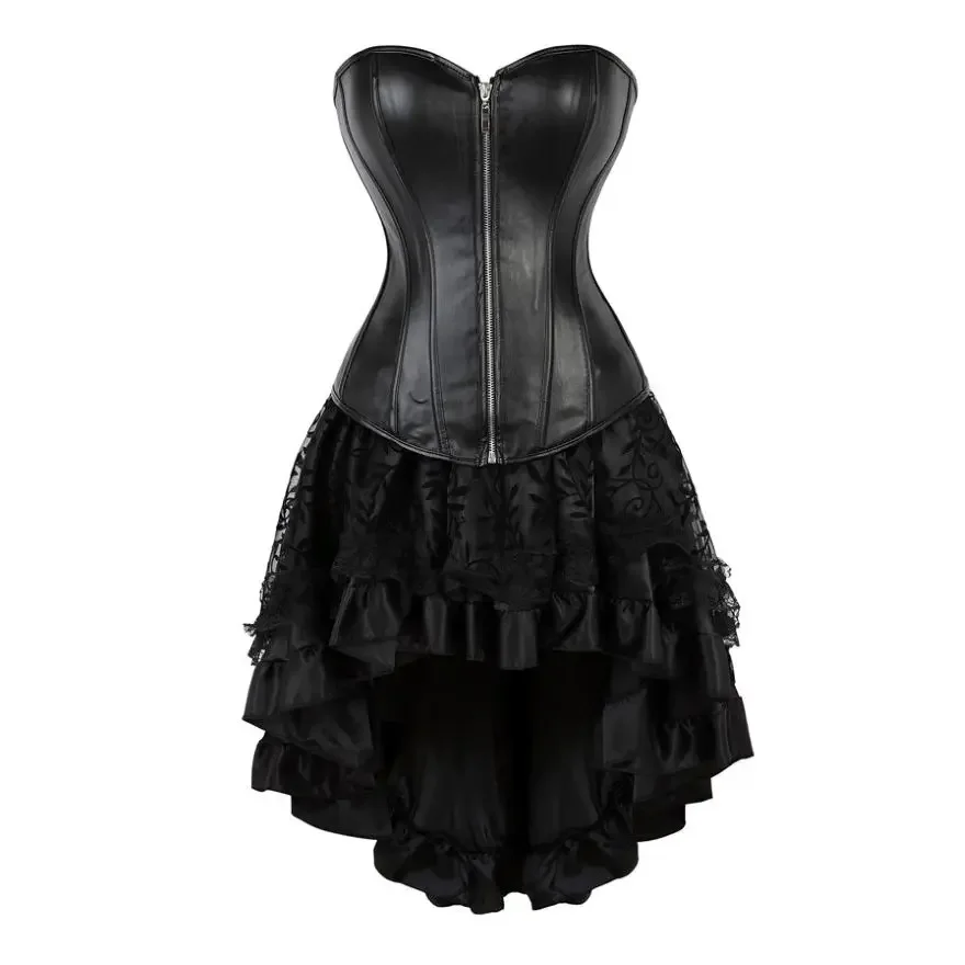 

Sexy Faux Leather Zipper Overbust Corset Top Women Gothic Lingerie Bustier Steampunk Asymmetrical Floral Lace Skirt Plus Size