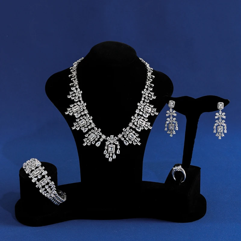 

4pcsLuxury Jewelry Sets AAA Cubic Zircons Bling Drop Rings Necklace Earrings Bracelet Women Party Jewelry Set for Wedding Brides