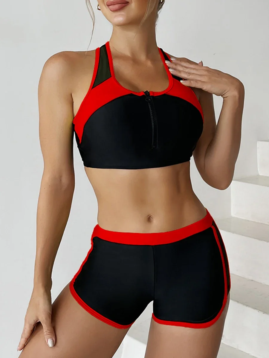 

2024 Zipper Bikini Set Two Piece Swimsuit Women With Shorts Sports Swimwear Female Bathing Swimming Suit Beach Wear Summer