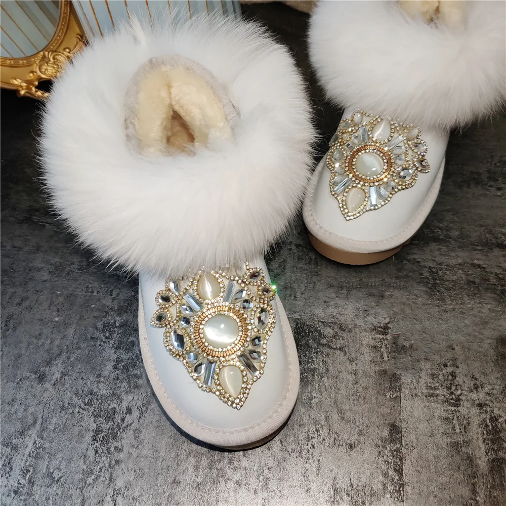 

New rhine-diamond and velvet warm waterproof white snow boots female fox wool heavy cotton boots short tube