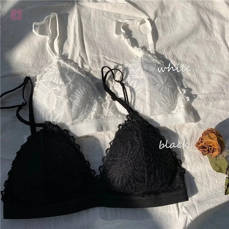 Triangolo di pizzo francese Bralette di pizzo senza anello in acciaio Reggiseni senza cuciture Reggiseno sottile da donna sexy Reggiseno estivo traspirante Reggiseno - immagine 2