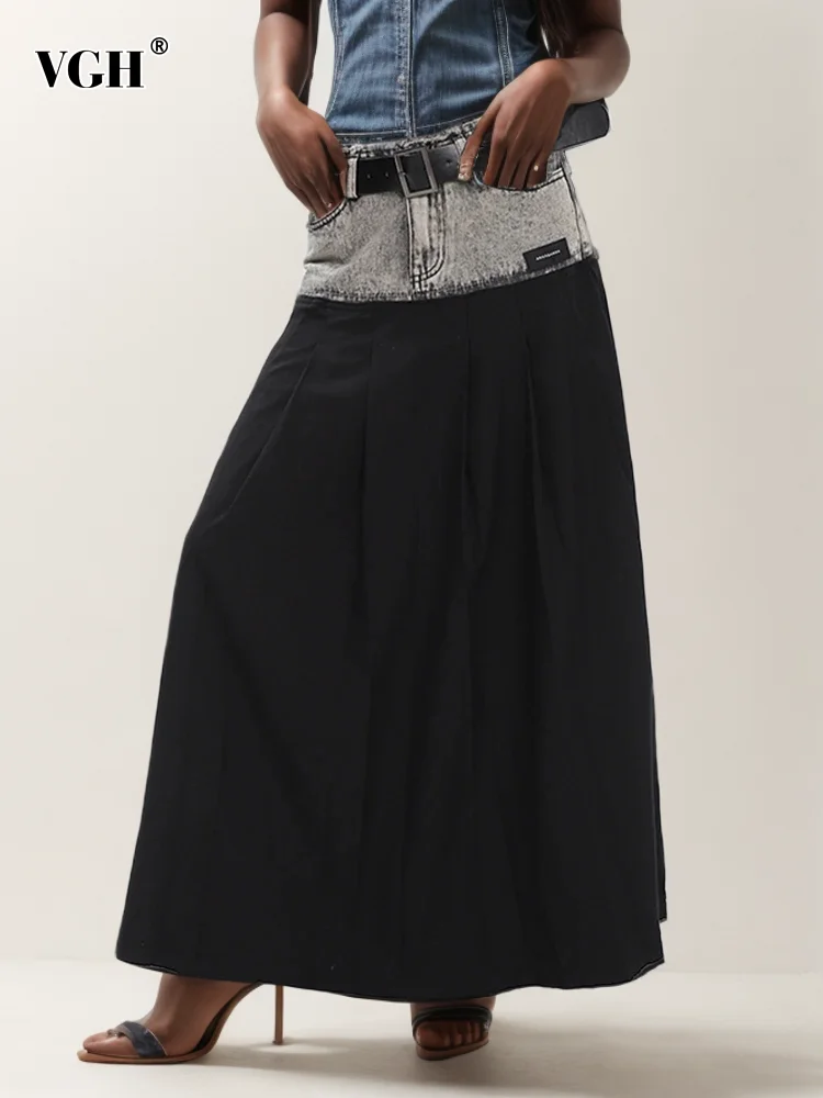 

VGH Hit Color Patchwork Denim Casual Skirts For Women High Waist Spliced Pockets Minimalist A Line Skirt Female Fashion Clothing