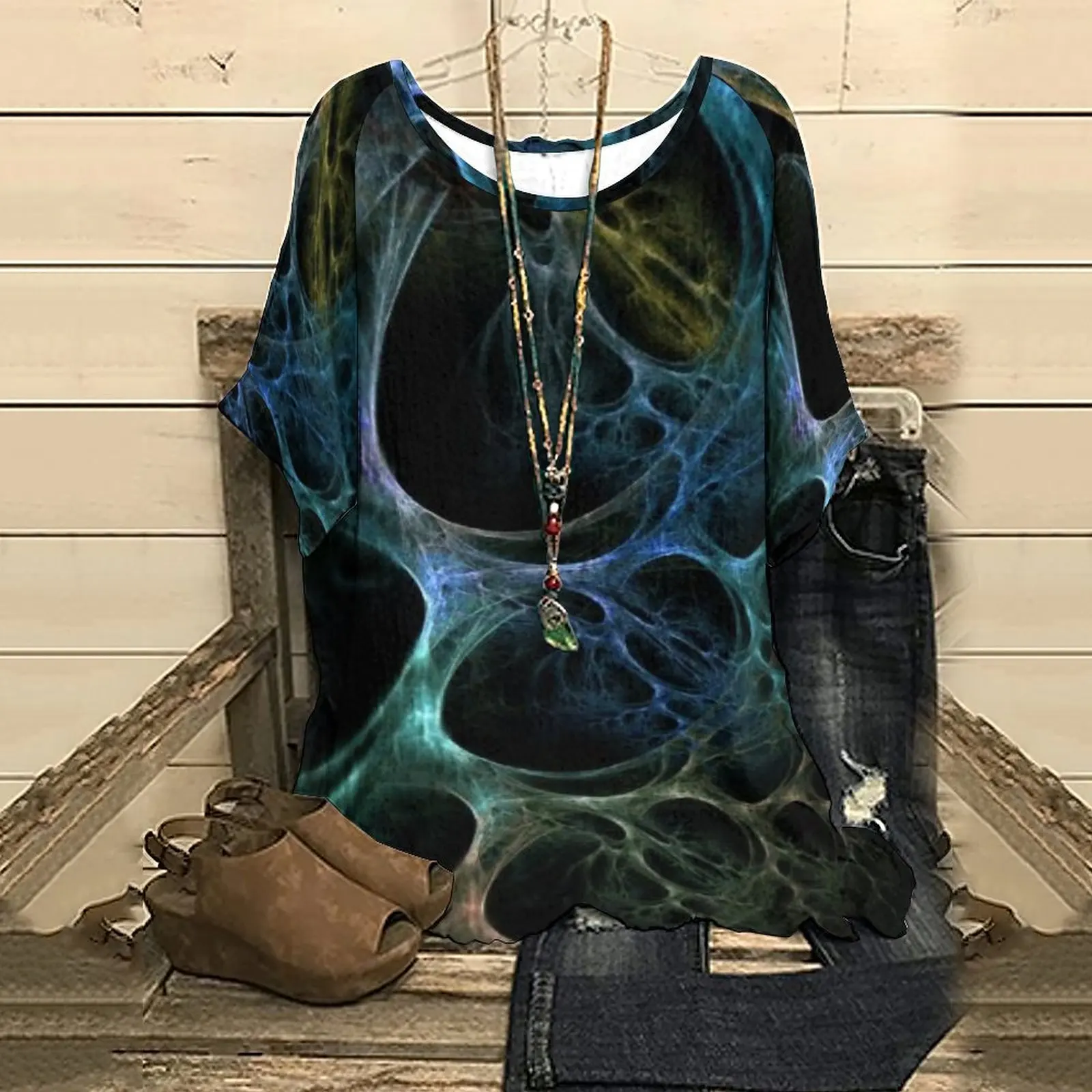 

Summer Women's Tops Women's Half Sleeve Top Tee Smoke Colorful Oval Print Y2k Streetwear Streetwear