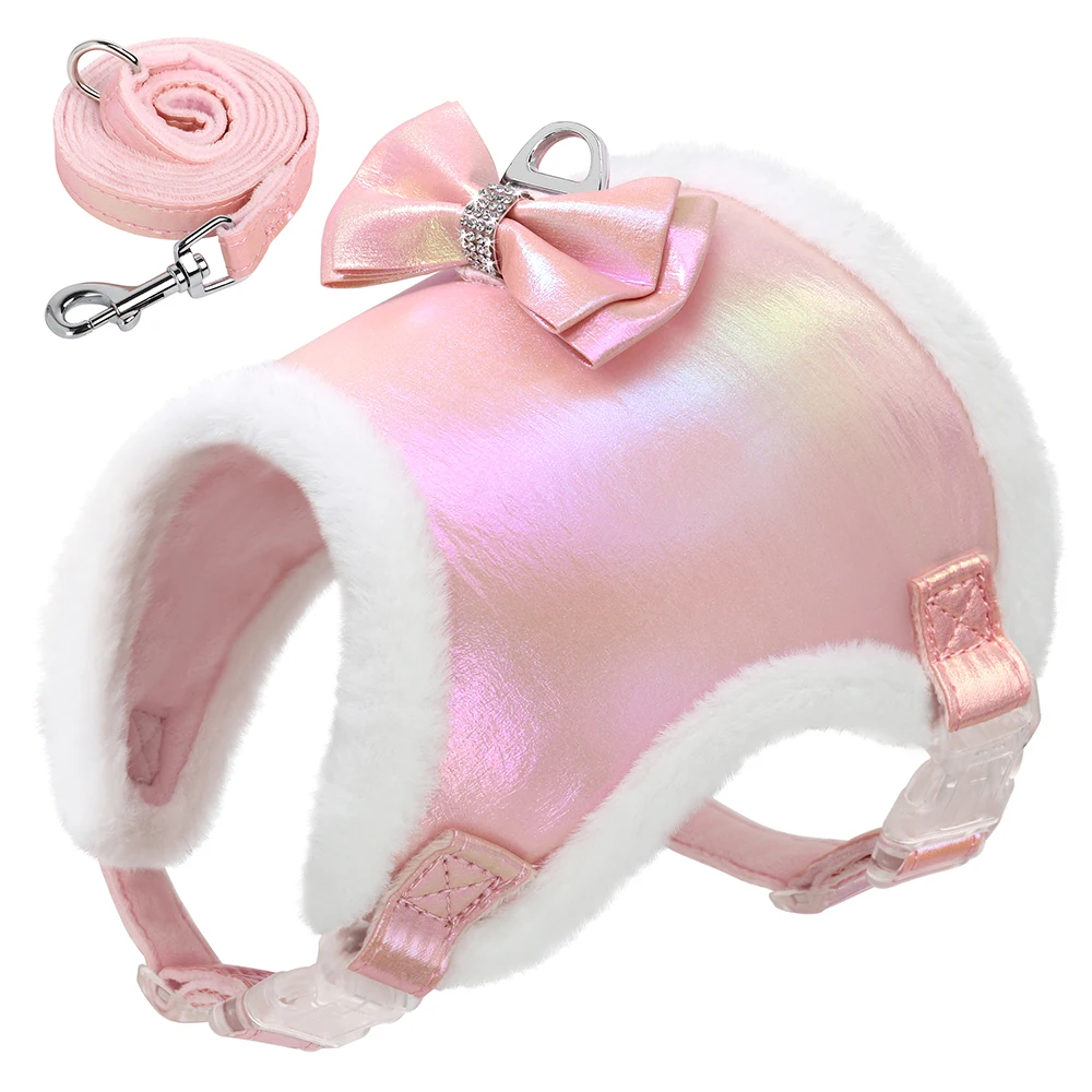 Dog Harness and Leash Set Winter Puppy Cat Vest Harness Warm Fur Collar For Small Medium Dogs Cats Bling Rhinestone Bowtie Pink pet harness leash set,pet harness set,pet leash set