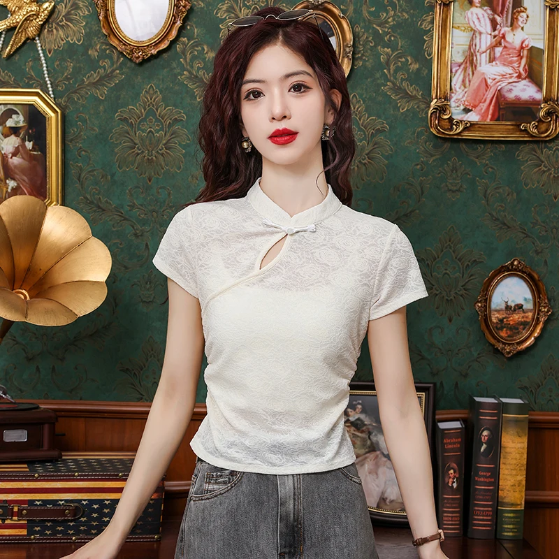 

Новая женская блузка с коротким рукавом и воротником-стойкой, шифоновая блузка в китайском стиле, рубашка, женские топы, модные женские блузки, лето 2024, J236