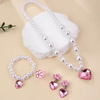 5pcs Kids Imitation Pearl Jewelry Set Necklace Bracelet Heart Pendant Earrings Ring Gift for Girls Party Dress-Up & Pretend Play 1