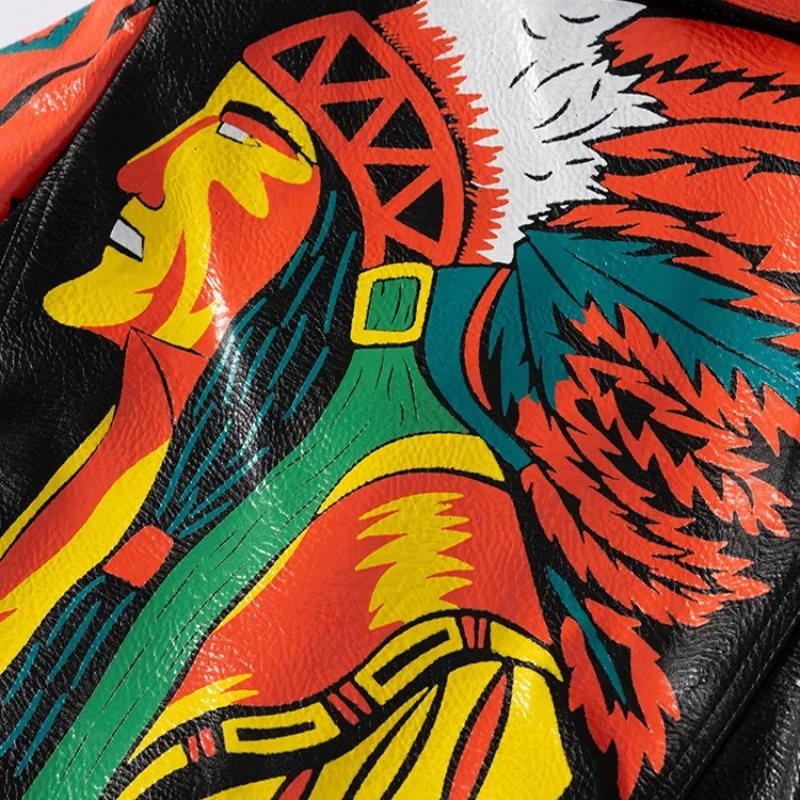 Contrast Color Block Print Leather Jacket for Women 2024 Trend Punk Style Streetwear Motorcycle Faux Leather Cropped Jacket