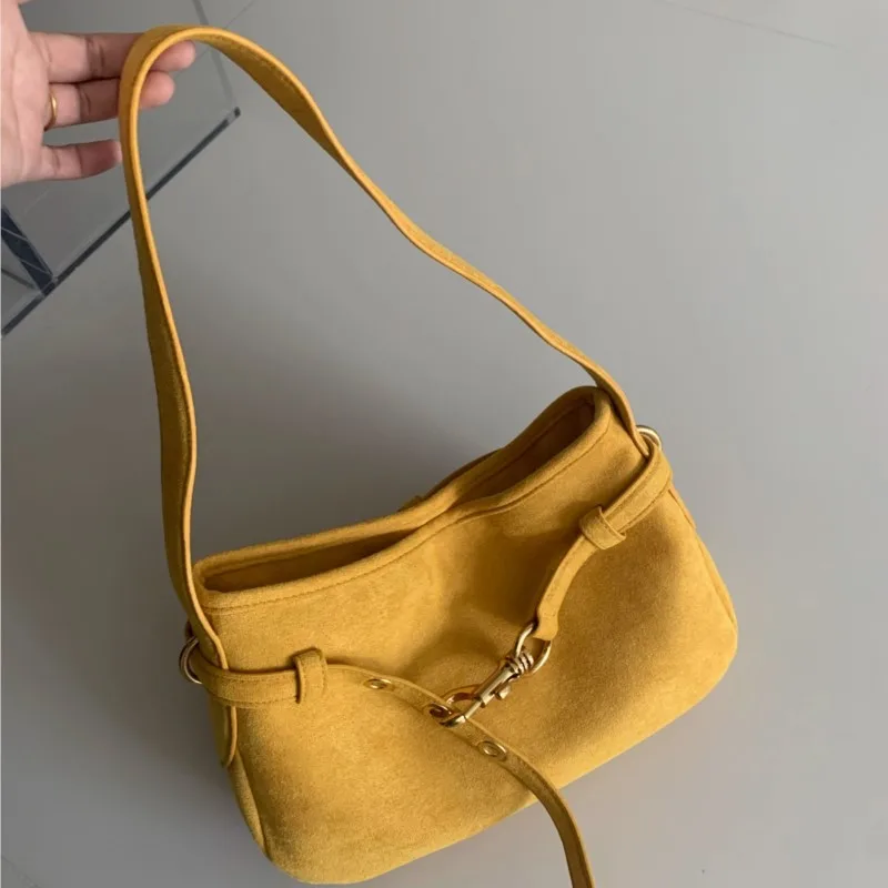 JIAERDI Yellow Suede Handbag Women Retro Fashion Versatile Shoulder Bags Ladies Casual Minimalist Commute Underarm Bag 2025 New