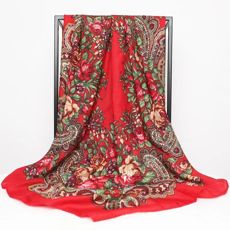 80*80cm Russian Scarf Luxury Floral Print Women's Square Bandana Ukrainian Shawl Babushka Handkerchief Female Headband Scarves