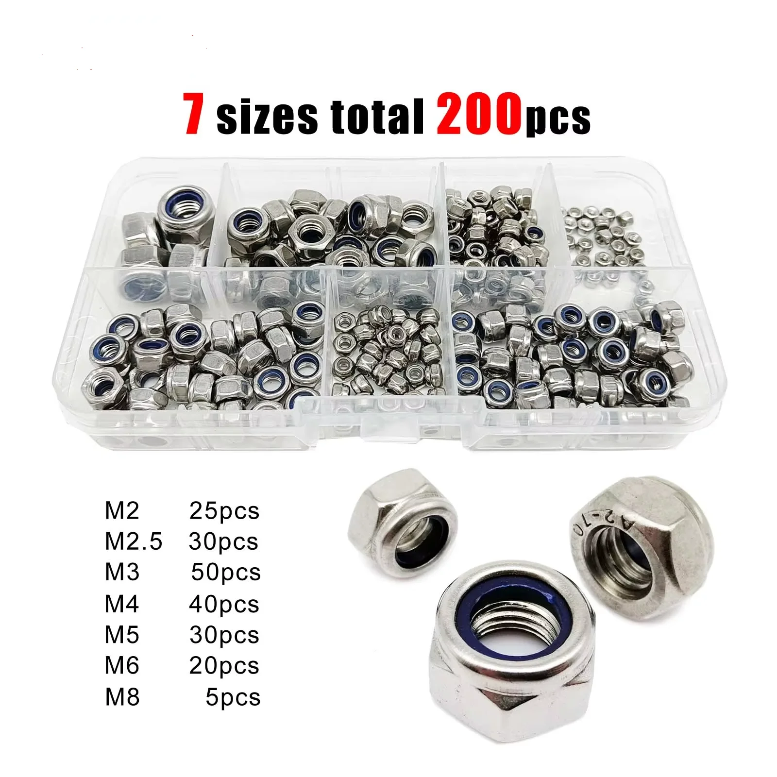 Hex Nylon Insert Self Lock Nut Assortment Kit Set M2 M2.5 M3 M4 M5 M6 M8 Stainless Steel 200pcs hexagon nuts