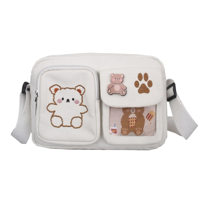 

Trendy Crossbody Bag with Bear Embroidery Fashionable Canvas Shoulder Purse Square Bag for Teenage Girls