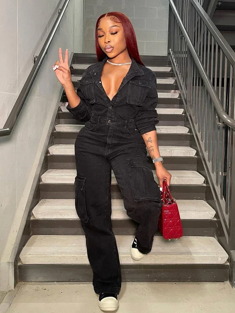 

Streetwear Jean Jumpsuits Women Fall Y2K Clothing Turn Down Neck Pockets Denim Rompers Playsuits One Pieces Set Overalls Outfits