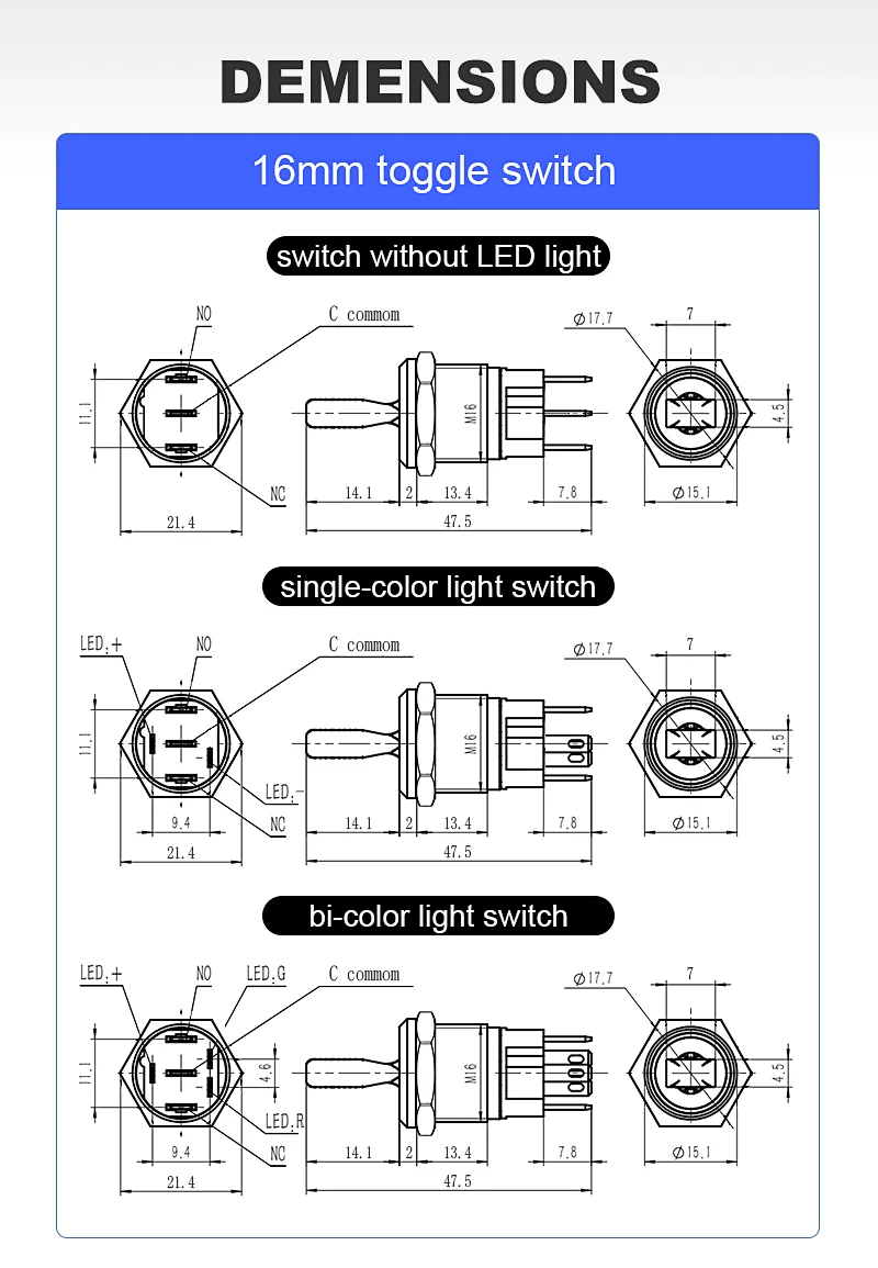 Description Picture 6 of item16MM Metal Toggle Switch Waterproof LED Light Self-locking 2 Position On Off Micro Button Switch 1NO1NC 15A 12V 220V 3pin/5pin