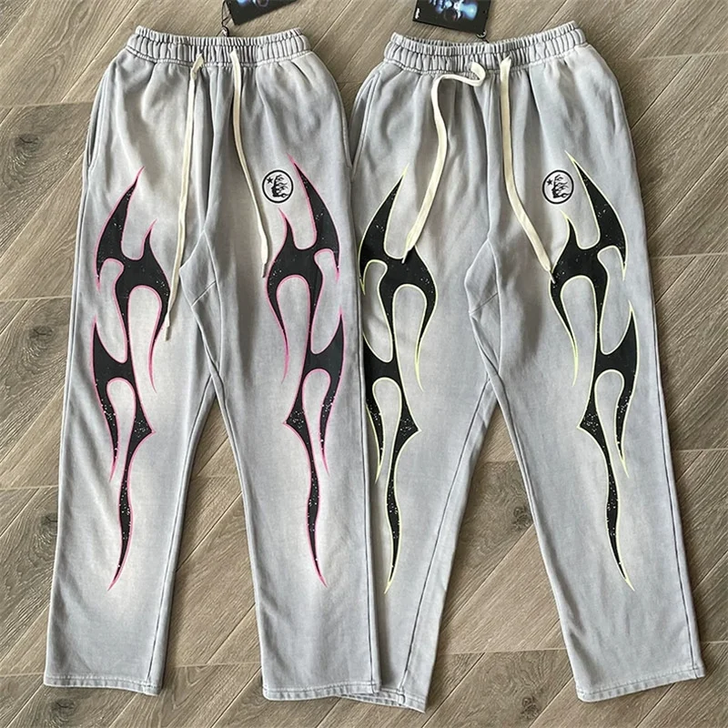 

2023 Hellstar Vintage Wash Casual Grey Green Pants 1:1 Elastic Waist Drawstring High Street Elastic Print Couple Casual Pants