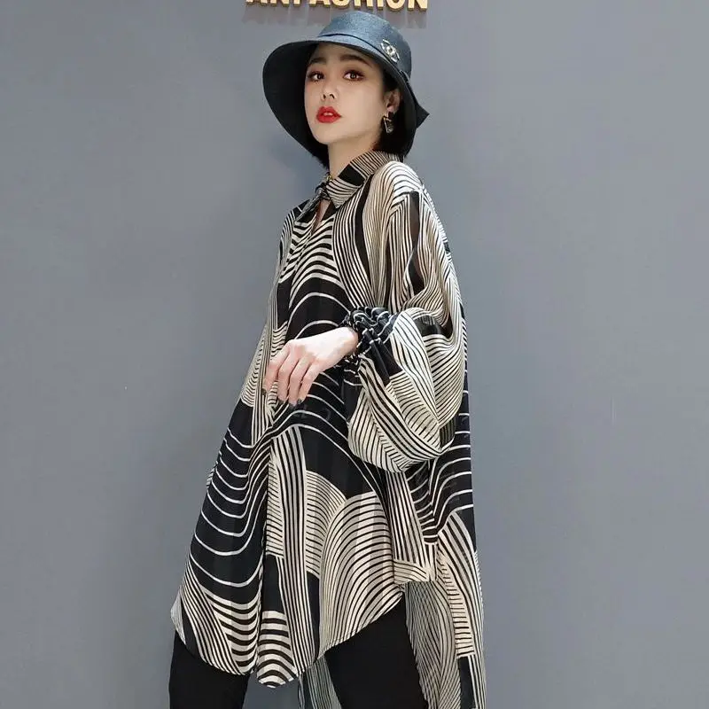 Fashion Printed Striped Folds Asymmetrical Blouses Women's Clothing 2023 Autumn Winter Loose Casual Tops Lantern Sleeve Shirts