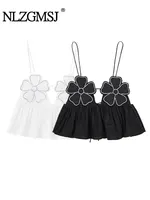 20025 Women Fashion  Rhinestone Floral Poplin Tank Tops Sexy Backless Tied Thin Straps Female Female Camis Top Mujer